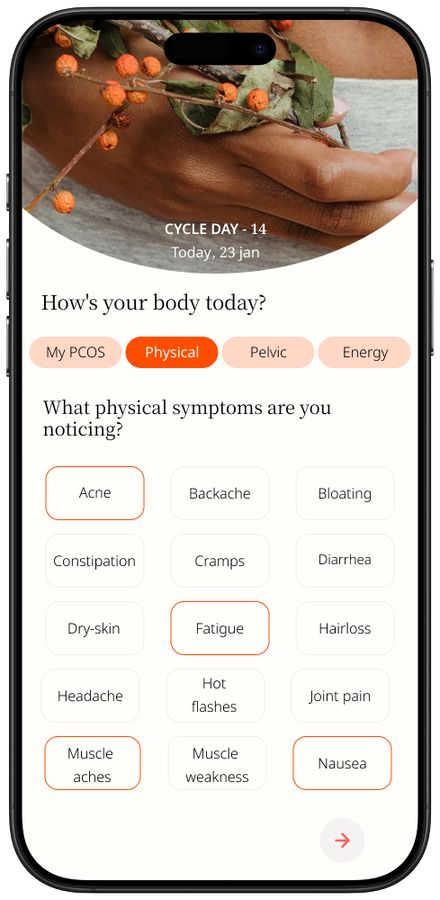 Alaia comprehensive PCOS symptom list — 50+ trackable symptoms